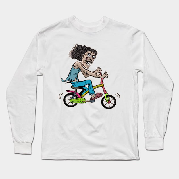 Zombie Bicycle, Zombie Riding bike, Zombie cycling, Zombie with Bicycle, zombie Rider, Halloween Cycling Pun, Retro Vintage Creepy Horror Spooky Halloween Art for Cyclist and cycling lovers Long Sleeve T-Shirt by BicycleStuff